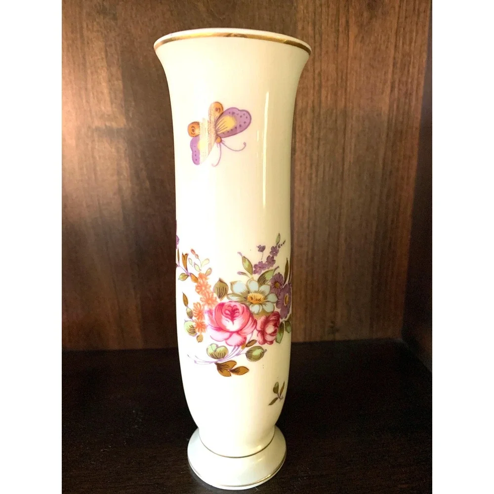 Lefton Bud Vase Floral Butterfly XA8132 Gold Trim Vintage‎ 7 3/4in